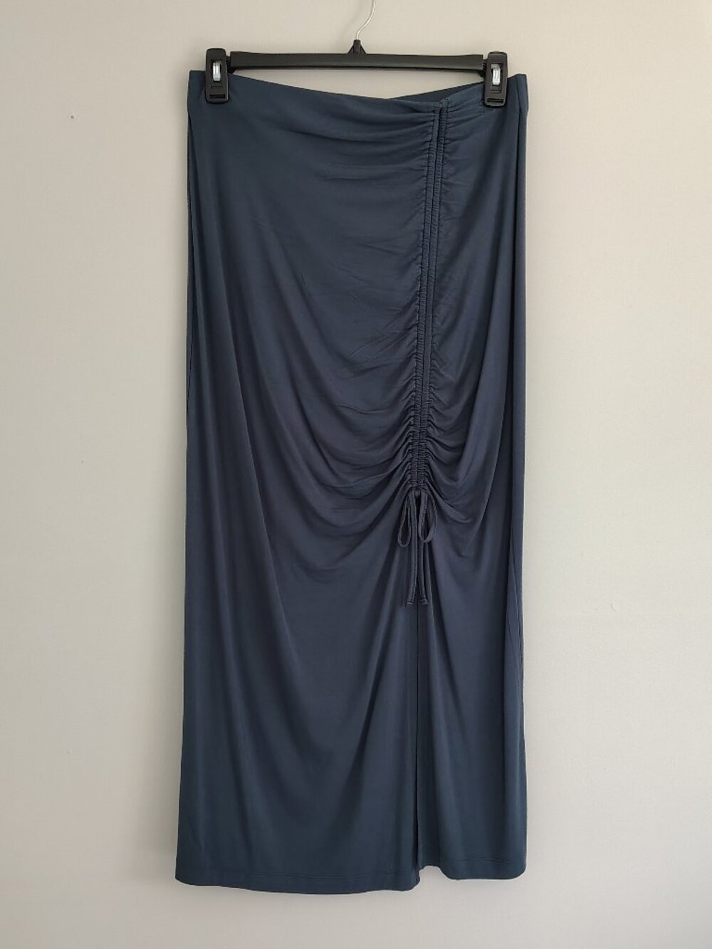 Loft Maxi Skirt, Ruched Off-Center Slit, Drawstring, Slate Navy, Size M